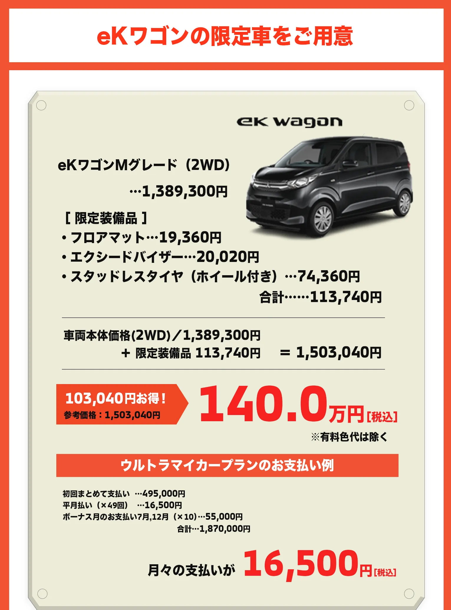 展示会中、eKワゴンMグレード（2WD）限定車(参考価格：1,503,040円)を140万でご提供。ウルトラマイカープラン適用可能