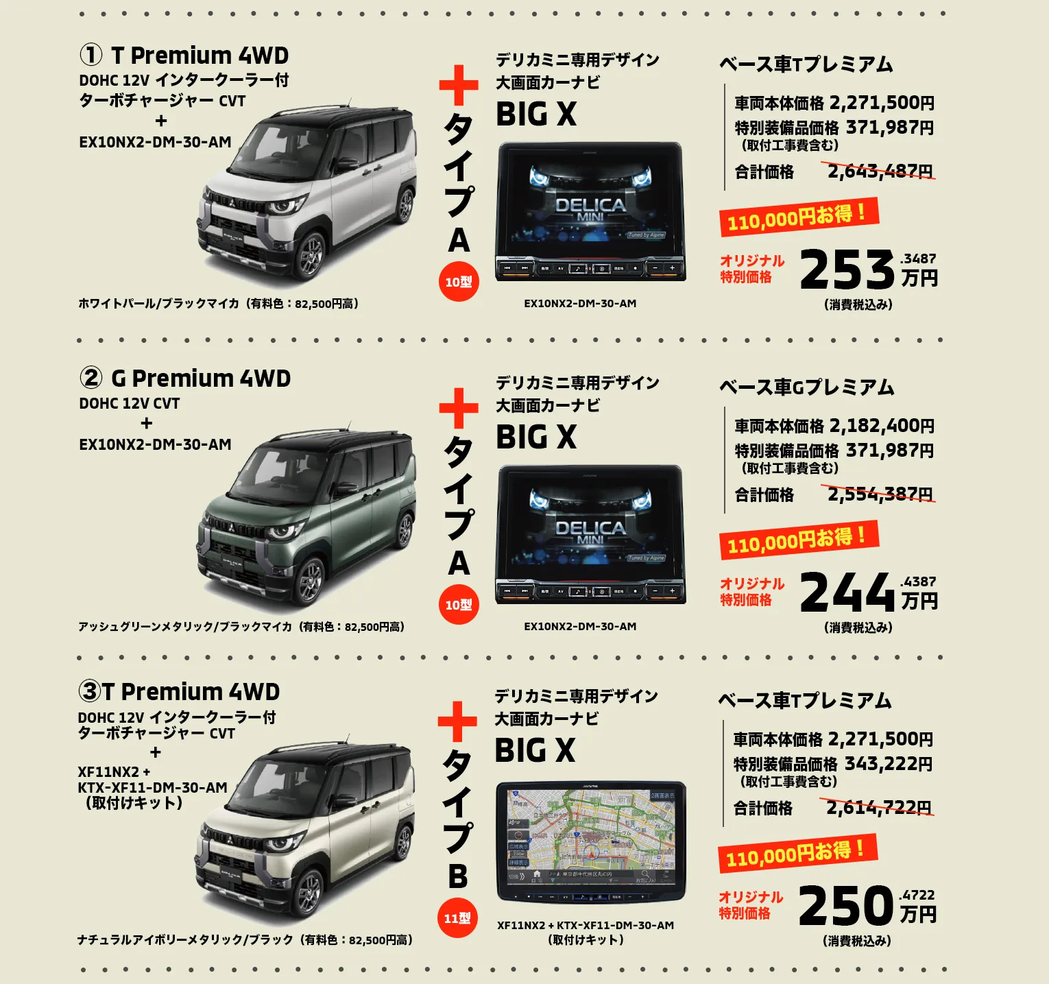 ① T Premium 4WD（DOHC 12V インタークーラー付ターボチャージャー CVT）とEX10NX2-DM-30-AMで253万円② G Premium 4WD（DOHC 12V CVT）とEX10NX2-DM-30-AMで244万円③T Premium 4WD（DOHC 12V インタークーラー付ターボチャージャー CVT）とXF11NX2+KTX-XF11-DM-30-AM（取付けキット）で250万円