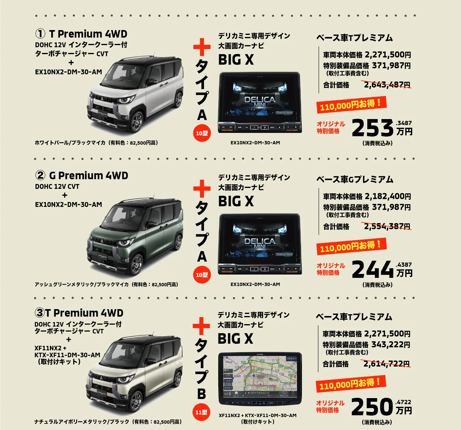 ① T Premium 4WD（DOHC 12V インタークーラー付ターボチャージャー CVT）とEX10NX2-DM-30-AMで253万円② G Premium 4WD（DOHC 12V CVT）とEX10NX2-DM-30-AMで244万円③T Premium 4WD（DOHC 12V インタークーラー付ターボチャージャー CVT）とXF11NX2+KTX-XF11-DM-30-AM（取付けキット）で250万円