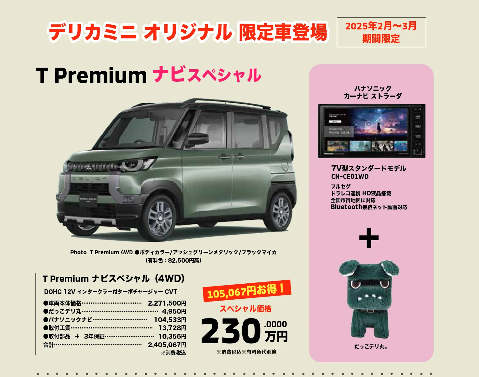 2025年2月〜3月期間限定。デリカミニ オリジナル 限定車登場①デリカミニ T Premium ナビスペシャル（4WD）（DOHC 12V インタークーラー付ターボチャージャー CVT）とパナソニック カーナビ ストラーダとだっこデリ丸。で230万円