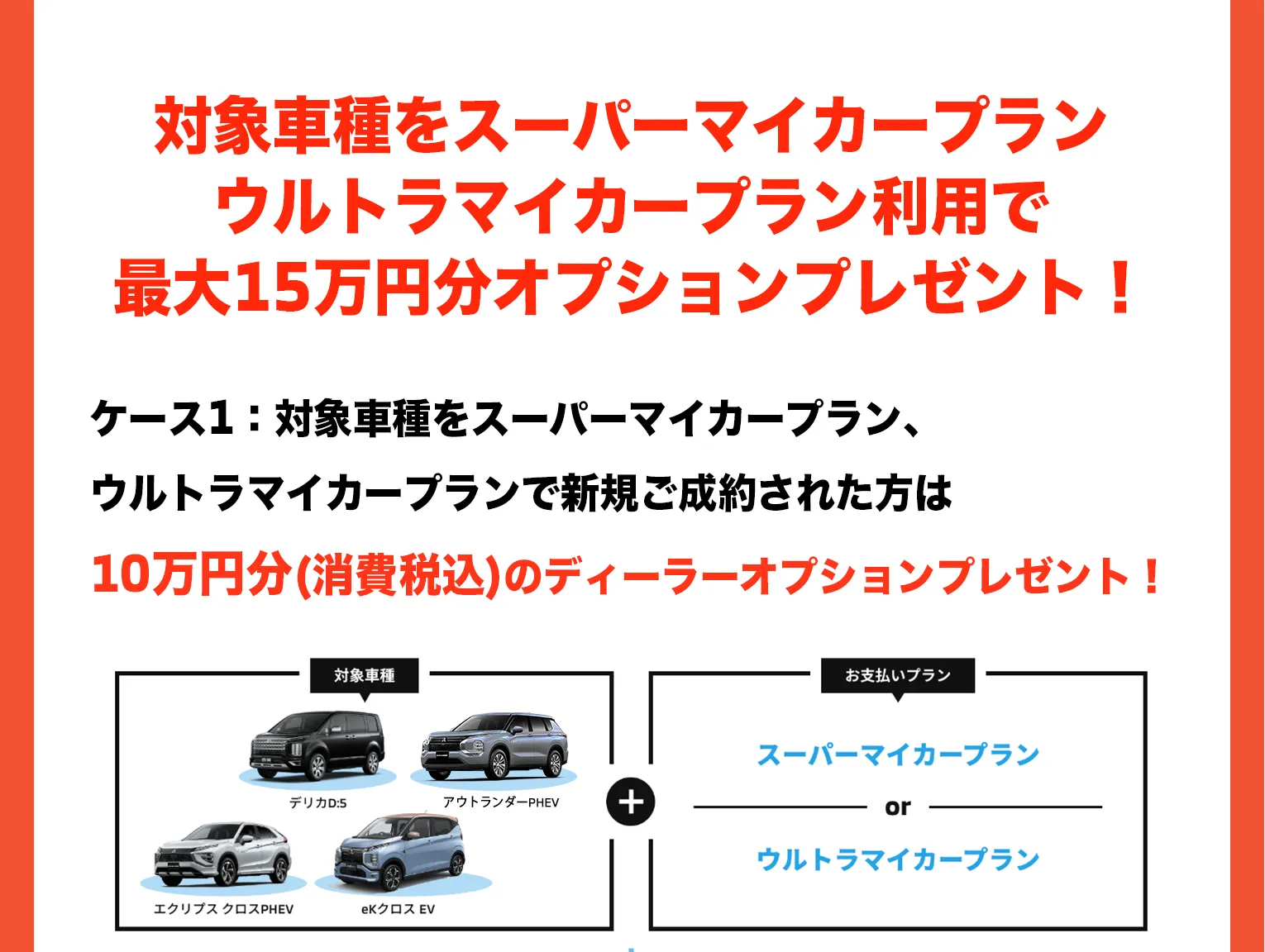 対象車種をスーパーマイカープラン、ウルトラマイカープランで新規ご成約された方はディーラーオプション10万円プレゼント！