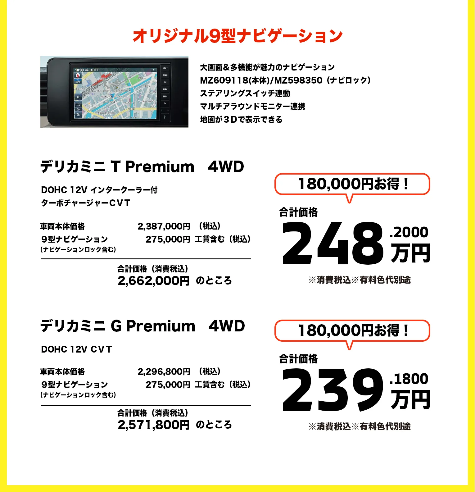 デリカミニ T Premium　4WD　DOHC 12V インタークラー付ターボチャージャー CVT オリジナル9型ナビゲーション　価格248.2000万円　デリカミニ G Premium 　DOHC 12V CVT　オリジナル9型ナビゲーション　価格239.1800万円