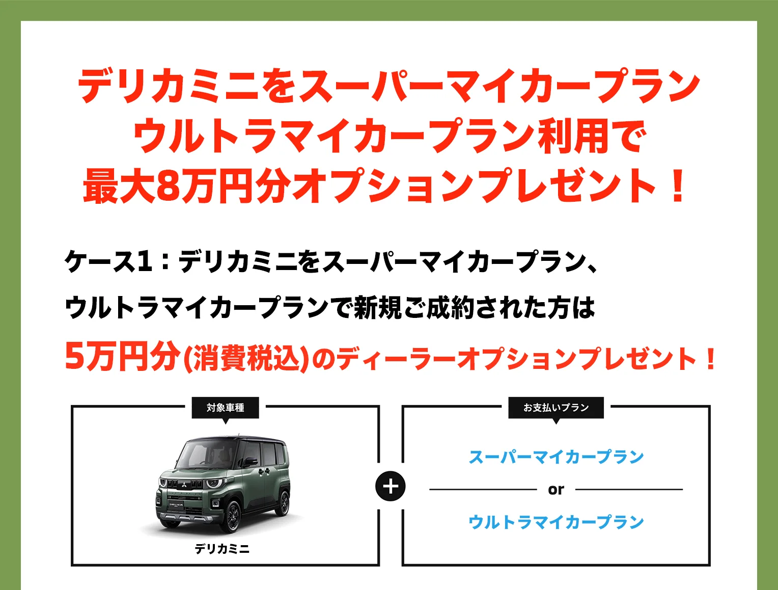 デリカミニをスーパーマイカープラン・ウルトラマイカープラン利用で最大8万円分オプションプレゼント！ケース1