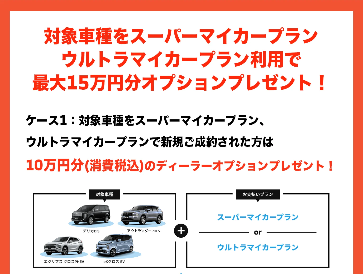 対象車種をスーパーマイカープラン・ウルトラマイカープラン利用で最大15万円分オプションプレゼント！ケース1